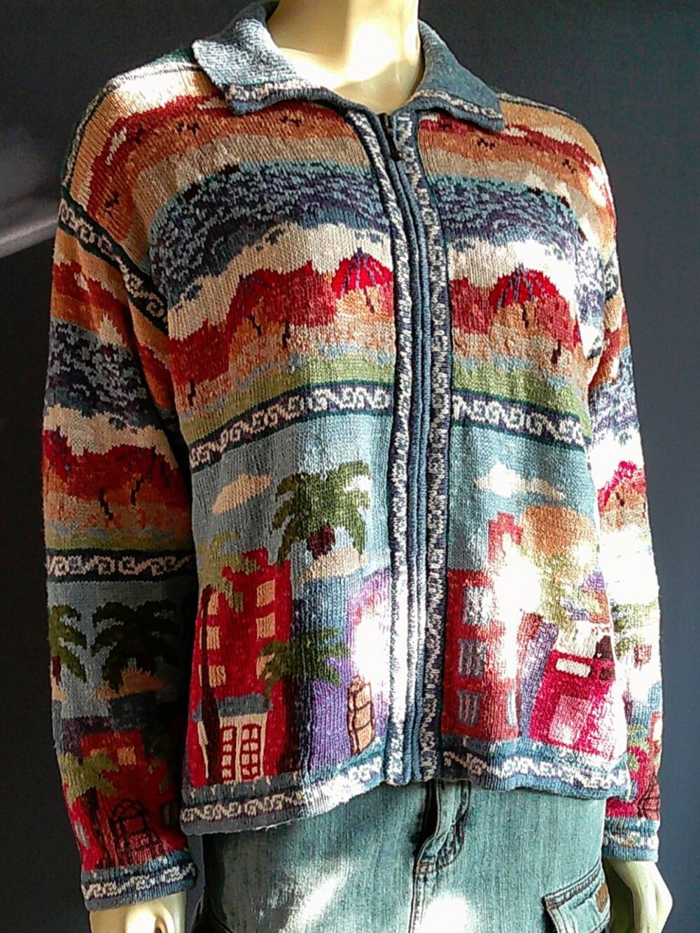 Icelandic Design Zipper Y2K Vintage Linen Blend Seaside Resort Cardigan XL